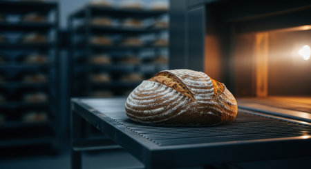 Unbaked rustic sourdough loaf with flour dusting and scoring marks resting on a metal rack, positioned in front of a warm, lit industrial bakery oven.の素材