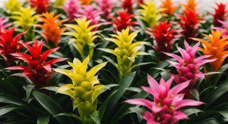 Vibrant bromeliad plants with colorful spiky flower stalks in red, yellow, orange, and pink, arranged in a dense grouping, showcasing natural beauty and tropical flora.の素材