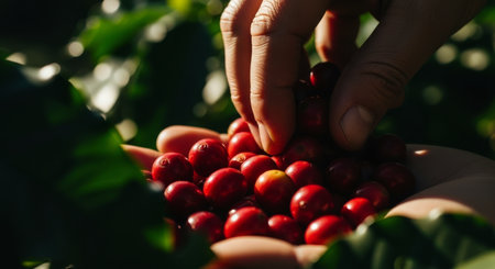 Hand sifting through a pile of ripe red coffee cherries, freshly harvested from a coffee plant on a sunny farm, symbolizing harvest and quality.の素材