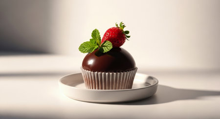 Rich chocolate cupcake with glossy ganache, garnished with a ripe strawberry and fresh mint, served on a minimalist white dish. perfect for bakery, dessert, and sweet food concepts.の素材