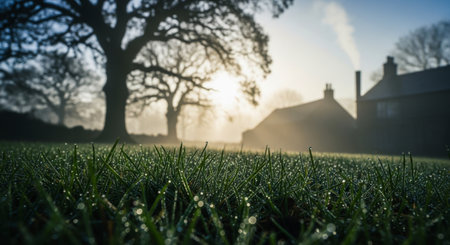 Dew covered green grass blades with sparkling water drops, illuminated by soft morning light. blurred background features large trees and houses with smoke, creating a serene misty landscape.の素材