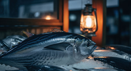Glistening skipjack tuna on a bed of crushed ice, illuminated by the warm glow of a vintage lantern, creating an atmospheric seafood market display.の素材