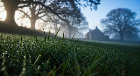 Vibrant green grass blades covered in glistening dew drops, captured from a low angle. a soft, diffused light illuminates the misty morning landscape with silhouetted trees and a house in the blurred background.の素材