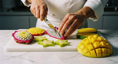 Chef hands precisely cutting and carving vibrant exotic fruits like dragon fruit, mango, and star fruit on a white cutting board, showcasing culinary artistry and healthy food preparation.の素材