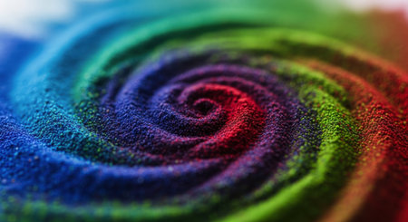 Vibrant, finely milled colored powders are arranged in a swirling vortex pattern, creating an abstract and dynamic visual. the intricate texture and rich hues form a captivating, energetic composition.の素材