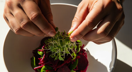 Chef hands carefully placing fresh microgreens on a vibrant beet and spinach salad in a white ceramic bowl, highlighting healthy eating and culinary presentation.の素材