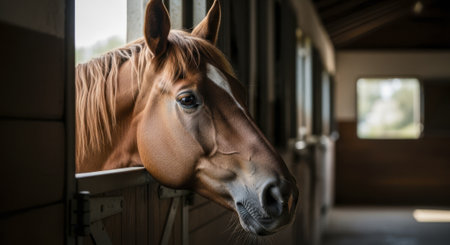 Brown horse with a white blaze peeking its head over a rustic wooden stable door, looking out from the dark interior of the barn.の素材