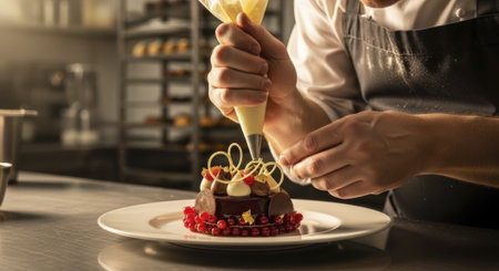 Professional pastry chef hands meticulously decorating an elegant chocolate dessert with white chocolate swirls and fresh red currants on a white plate in a commercial kitchen.の素材