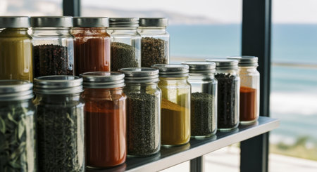 Colorful spices in various glass jars neatly arranged on a modern stainless steel shelf. ocean view visible through a window in the background, creating a bright and natural setting for culinary ingredients and healthy cooking.の素材