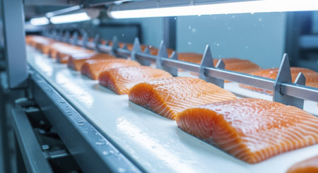 Freshly cut salmon fillets on a white conveyor belt in a clean, brightly lit seafood processing facility. industrial food production line for healthy omega 3 rich fish.の素材