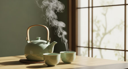 Elegant mint green ceramic teapot and two steaming tea cups on a wooden table, illuminated by warm sunlight in a serene japanese style room.の素材