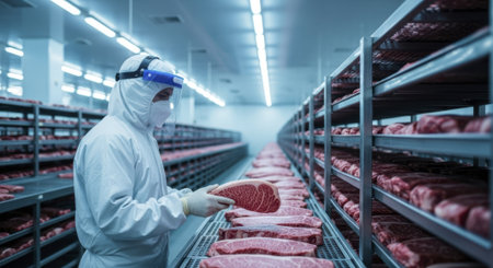 Expert technician in a white biohazard suit and face shield inspecting raw beef cuts on shelves in a large, sterile cold storage facility, ensuring food safety and quality control.の素材