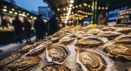 Glistening raw oysters displayed on a bed of crushed ice at a bustling winter market, illuminated by warm string lights with blurred people in the background.の素材