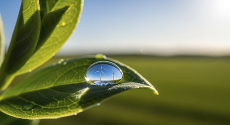 Water drop on a vibrant green leaf with a clear reflection of wind turbines and a blue sky, symbolizing renewable energy and environmental sustainability.の素材