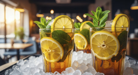 Tall glasses filled with refreshing iced lemon tea, garnished with fresh lemon slices and vibrant mint leaves, surrounded by glistening ice cubes in a restaurant setting.の素材