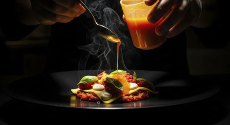 Chef hands carefully drizzling vibrant hot sauce from a spoon onto a steaming gourmet pasta dish, garnished with basil and cheese, presented on a dark plate.の素材