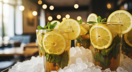 Tall glasses of iced lemon tea with fresh mint leaves and lemon slices, served on a bed of crushed ice, a refreshing summer beverage.の素材