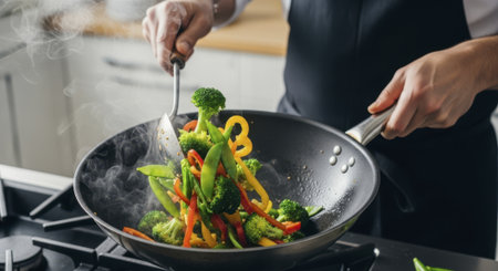 Close up of a chef hands expertly tossing colorful fresh vegetables like broccoli, bell peppers, and snap peas in a hot wok, with steam rising from the cooking process.の素材