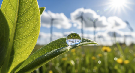 Dewdrop on a vibrant green leaf reflecting a wind turbine farm, symbolizing clean energy and environmental sustainability. bright sun and blue sky in the background.の素材