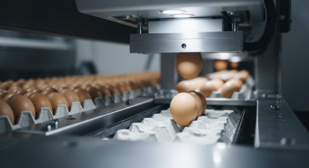 Fresh brown eggs are sorted and packed by an automated machine on a conveyor belt in a modern food production factory.の素材