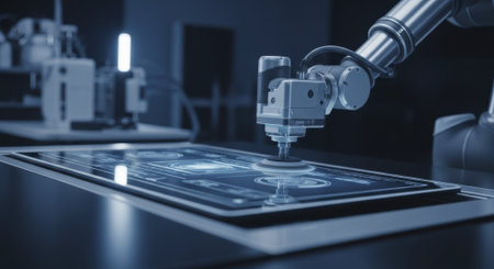 Robotic arm with a precision tool interacting with a futuristic smart display screen showing glowing blue user interface elements in a modern high tech laboratory setting.の素材