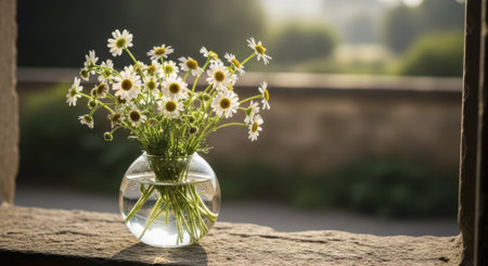 Bouquet of delicate white daisy flowers with bright yellow centers and green stems in a clear glass vase on a rustic stone windowsill, illuminated by soft sunlight.の素材