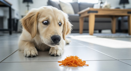 Golden retriever puppy lying on a tiled floor, looking with wide, skeptical eyes at a small pile of shredded carrots. humorous scene of a pet reluctance towards healthy food.の素材