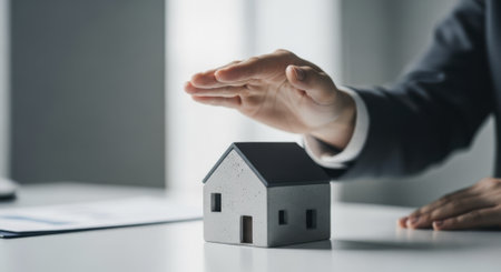 Man hand hovering protectively over a small, minimalist house model on a white desk, symbolizing home insurance, property protection, and real estate investment.の素材