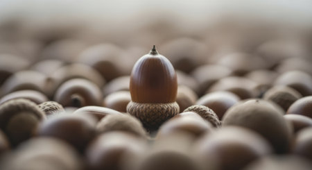 Perfectly formed glossy oak acorn standing prominently in sharp focus, surrounded by a soft blur of numerous other acorns, highlighting individuality and nature detail.の素材