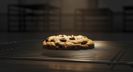 Single golden brown chocolate chip cookie with melted chocolate chips resting on a metal cooling rack. dramatic warm light illuminates the freshly baked dessert, highlighting its texture.の素材