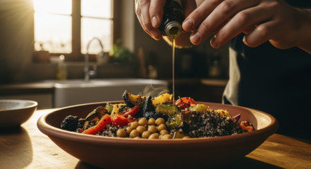 Chef hands drizzling olive oil over a vibrant mediterranean bowl filled with chickpeas, quinoa, and roasted vegetables, steaming in a warm kitchen setting.の素材