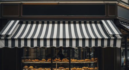 Shop facade with a classic black and white striped awning extending over a window displaying a variety of fresh pastries and baked goods, ideal for retail and food concepts.の素材