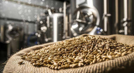 Golden malted barley grains spilling from a burlap sack, with blurred stainless steel fermentation tanks in a modern craft brewery setting.の素材