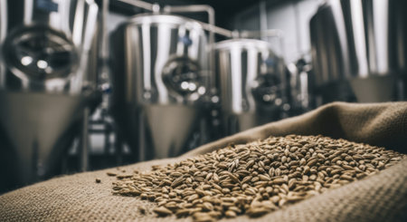 Raw malted barley grains spilling from a rustic burlap sack, with blurred stainless steel fermentation tanks in a modern brewery.の素材