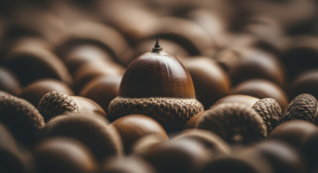 A single perfectly formed glossy oak acorn stands out in a macro shot, surrounded by a soft blur of many other acorns, highlighting nature detail and autumn harvest.の素材