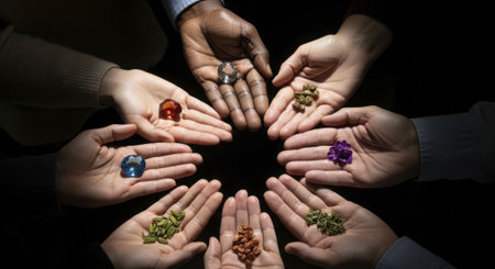 Diverse hands from different people forming a circle, each holding unique natural resources, including colorful gems, seeds, and plants, symbolizing global collaboration and shared wealth.の素材