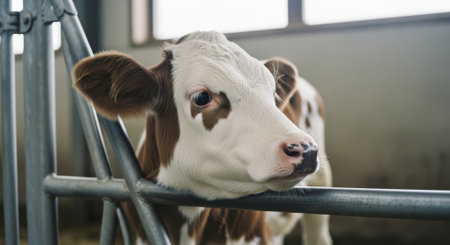 Young brown and white calf with a pink nose resting its head on a metal fence inside a farm stable, looking towards the camera.の素材