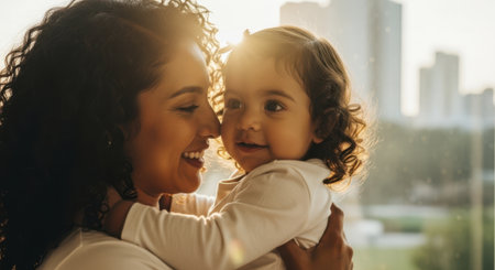Smiling mother with curly hair holding her toddler daughter, both illuminated by warm golden sunlight. urban background visible through window.の素材