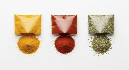 Three open spice packets with vibrant yellow turmeric, deep red paprika, and green dried herbs spilled out on a clean white surface, top view.の素材