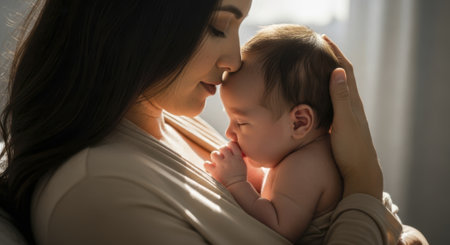 Mother embracing her newborn baby, sharing a tender and intimate moment. baby is sleeping peacefully in mother arms, highlighting love and care.の素材