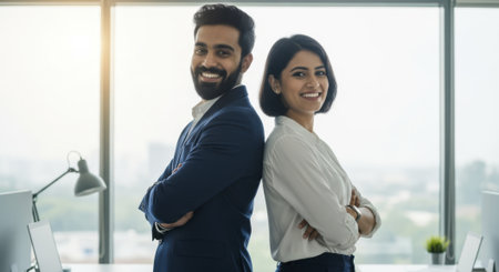 Young indian businessman and businesswoman standing back to back with crossed arms, smiling confidently in a modern office with large windows. professional partnership and success.の素材