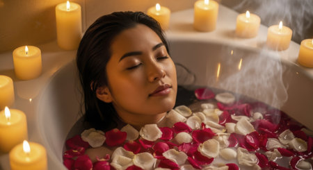 Asian woman with closed eyes enjoying a relaxing bath filled with red and white rose petals and steaming water, surrounded by glowing candles. focus on self care, wellness, and tranquility.の素材