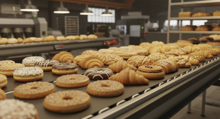 Assortment of freshly baked pastries, donuts, and croissants moving along a conveyor belt in a modern bakery production facility, ready for packaging.の素材