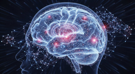 Translucent human brain with a glowing neural network and interconnected digital points, symbolizing artificial intelligence, data processing, and advanced technology.の素材