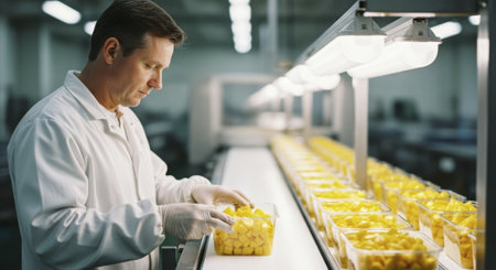 Man in white sanitary suit and gloves inspecting clear plastic containers of diced yellow fruit on a conveyor belt in a food processing factory, emphasizing quality control and hygiene.の素材