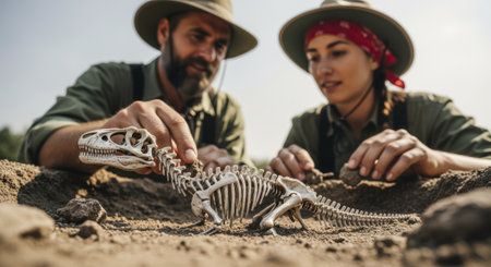 Two paleontologists, a man and a woman, examining a dinosaur skeleton model on sandy ground during an outdoor excavation.の素材