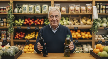 Smiling senior man, a friendly shopkeeper, stands behind a wooden counter in a well lit grocery store, holding a bottle of olive oil and a dark bottle, with shelves of fresh produce in the background.の素材