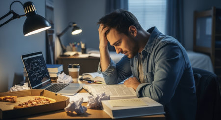 Young male student hunched over books and laptop on a cluttered desk, studying late at night in a dimly lit room, depicting academic stress and exhaustion.の素材