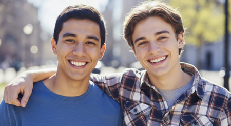 Two smiling young men standing side by side outdoors, one with an arm around the other, portraying friendship, happiness, and connection.の素材