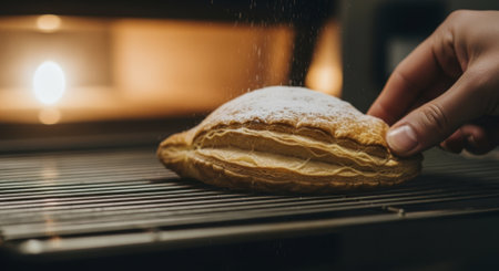 Golden puff pastry turnover on a cooling rack, being dusted with powdered sugar by a hand, with a warm oven light in the background.の素材